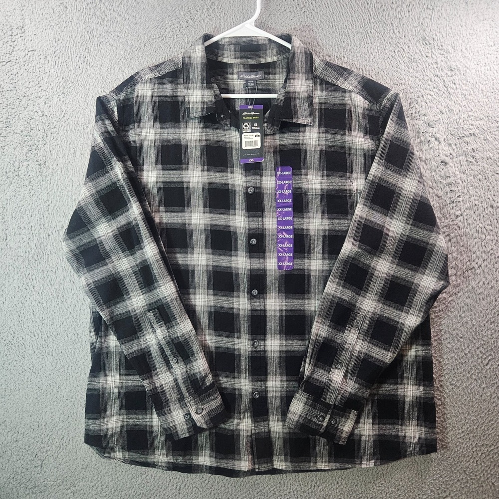 NWT Eddie Bauer Flannel Shirt Men XXL Button Up Long Sleeve Gray Black‎ Plaid